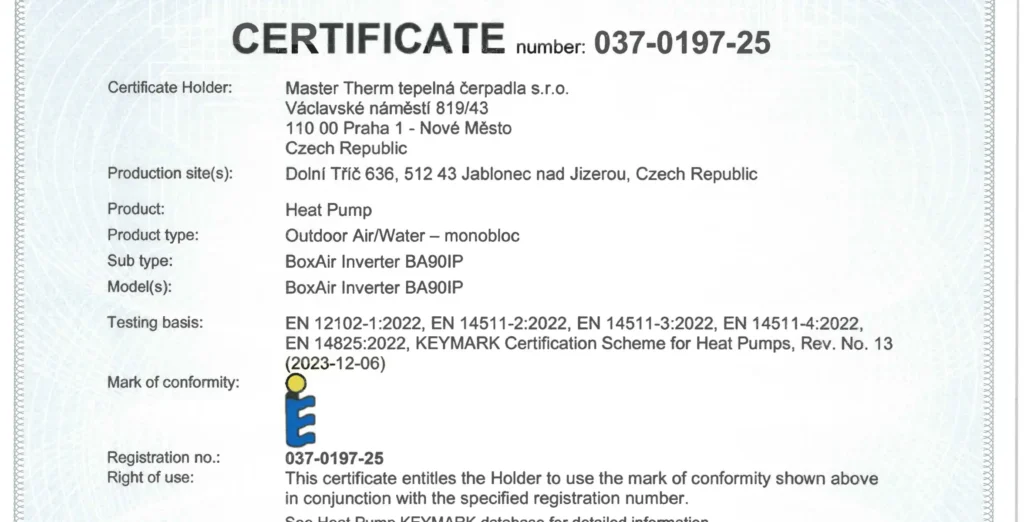 Svarbus etapas: visas „Master Therm“ R290 oras-vanduo šildymo įrenginių asortimentas dabar sertifikuotas pagal „Keymark“ šilumos siurblių sertifikatą.